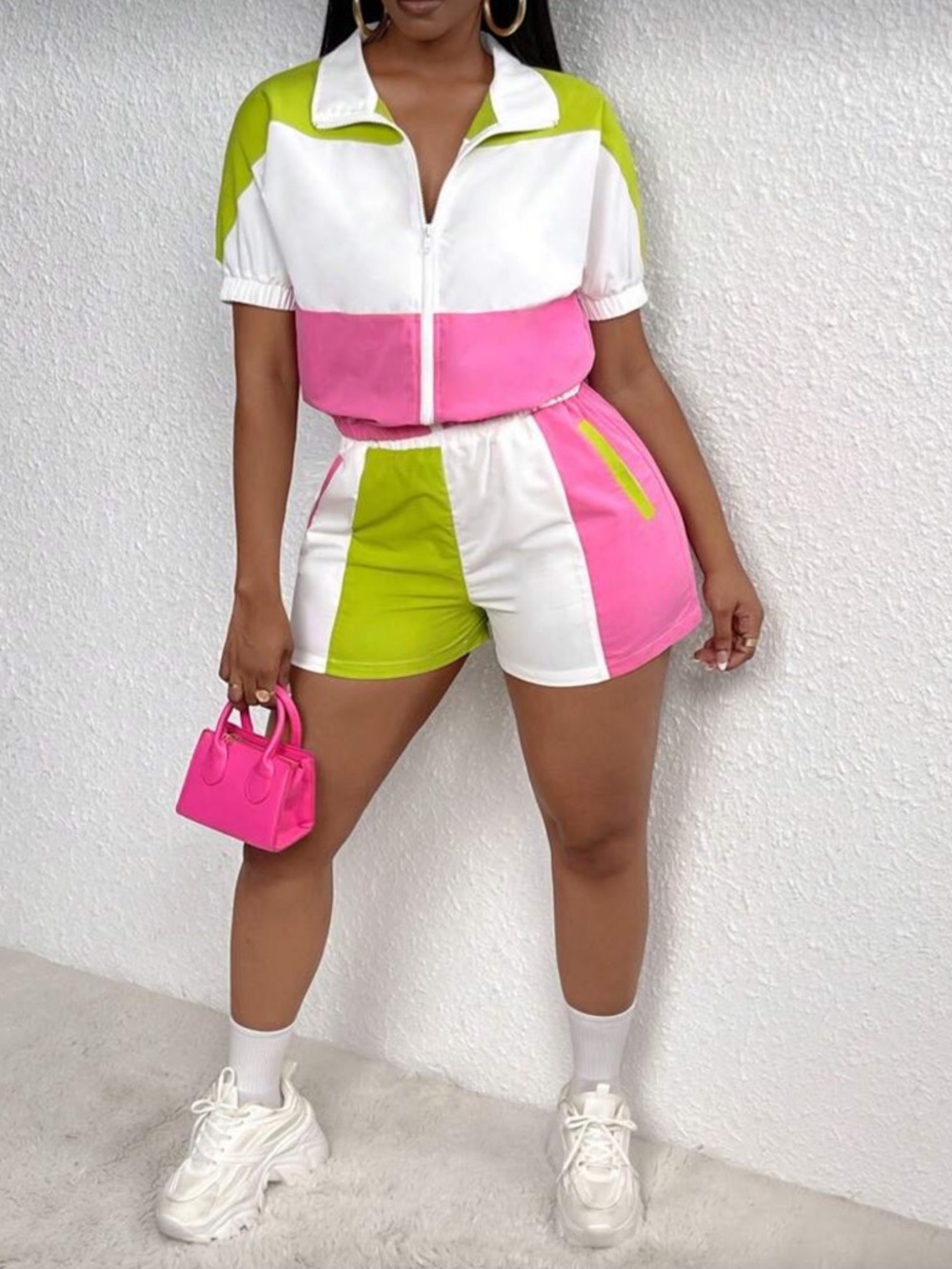 Pre-Loved Women’s Colorblock Athletic Shorts Set in Pink, White & Lime